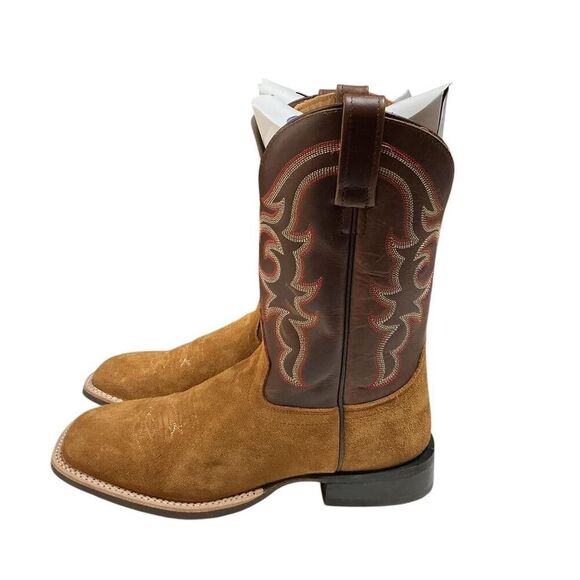 Old West Cowboy Boots Men 8 EE Brown Suede Leather Square Toe Embroidery Western main image 4